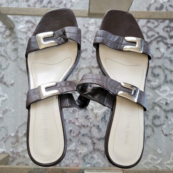 Nine West Shoes - Nine West Dark Brown Slip On Sandals Silver Accents Size 8 M